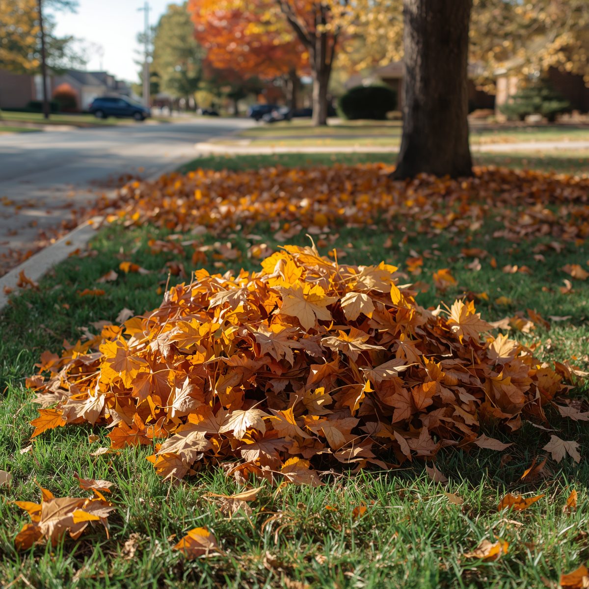 Raked autumn leaves pile on residential lawn